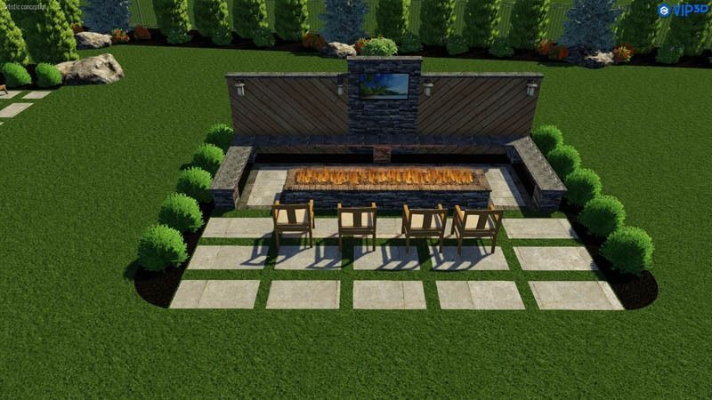 Outdoor fireplace area with seating, surrounded by landscaping on a green lawn.