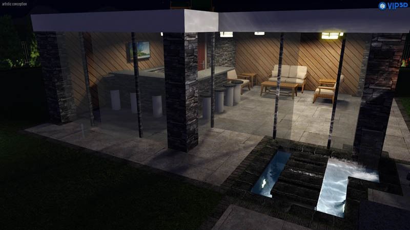 Modern glass-walled outdoor structure with seating, bar, and water feature, at night.