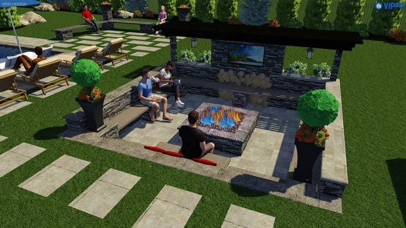 Outdoor seating area with fire pit, people sitting and relaxing, and a pool.