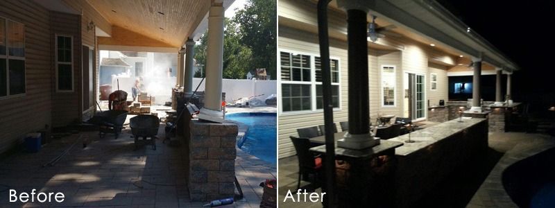 Before and after views of a patio, showing the addition of lights and a TV.