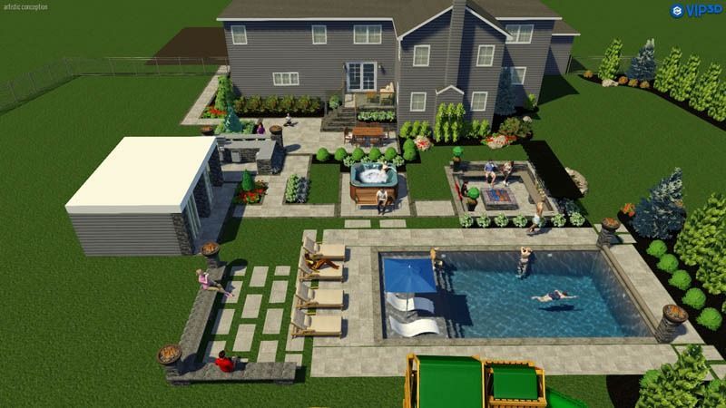 Backyard landscape with a pool, hot tub, patio, and modern gray house.