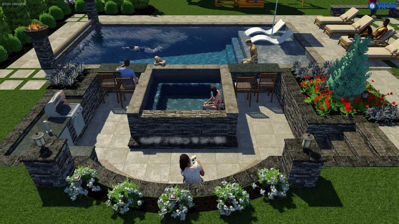 Backyard pool scene with people in pool, hot tub, and around a grill. Lush landscaping.