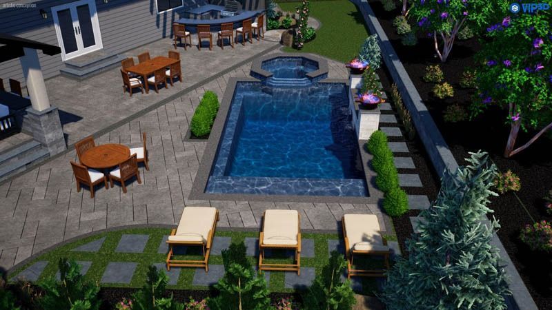 Aerial view of a backyard with a pool, patio furniture, and landscaping.