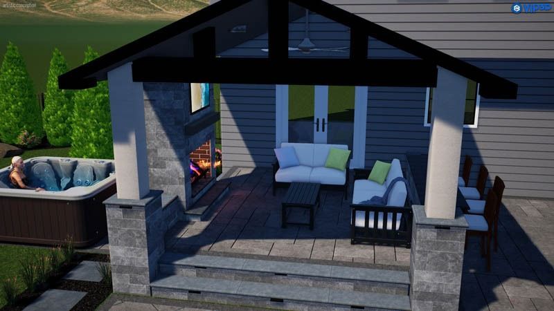 Outdoor deck with hot tub, fireplace, seating, and mountain view. Gray and blue color scheme.