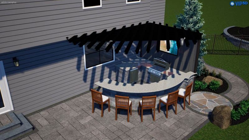 Outdoor patio with a black pergola, bar, chairs, and grill. Gray house in background.