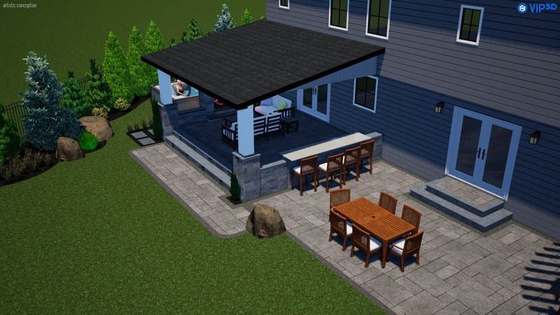 Backyard patio with a covered seating area, a bar, and a dining table.