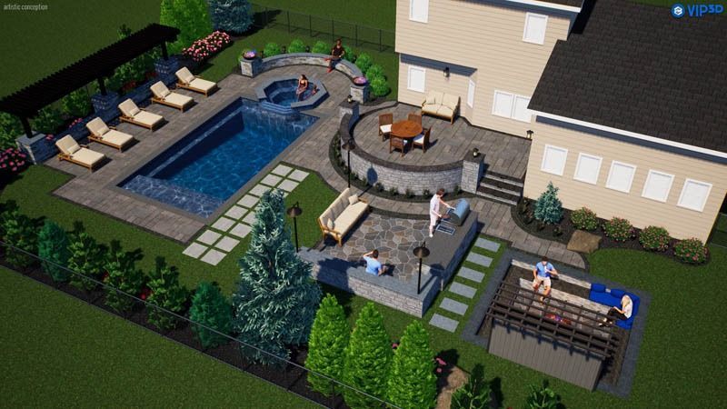3D rendering of a backyard with a pool, patio, and outdoor living spaces.