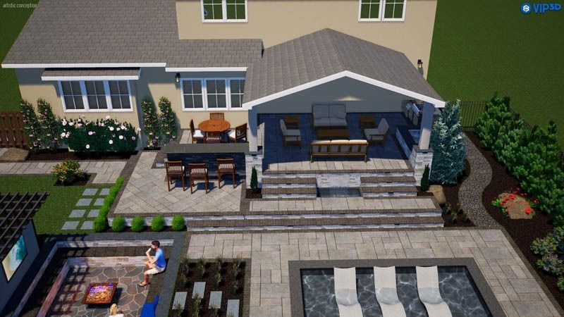 Backyard rendering: patio with seating, covered dining area, pool, and landscaping.