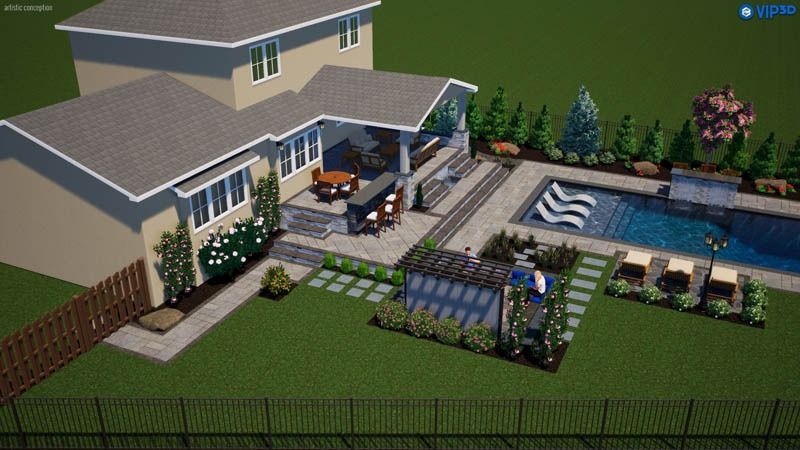 3D rendering of a home's backyard with a pool, patio, and landscaping.