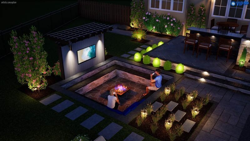 Nighttime backyard with a fire pit, outdoor bar, and TV; two people sit by the fire.