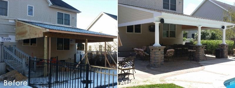 Before and after photo of a home's outdoor patio renovation; shows improvements to structure, design, and aesthetics.