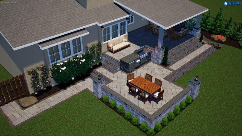 Outdoor patio with dining area, grill, and seating; gray stone and green landscaping.