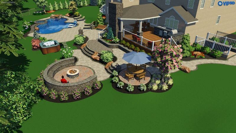 Rendering of a backyard with a pool, deck, fire pit, and outdoor seating.