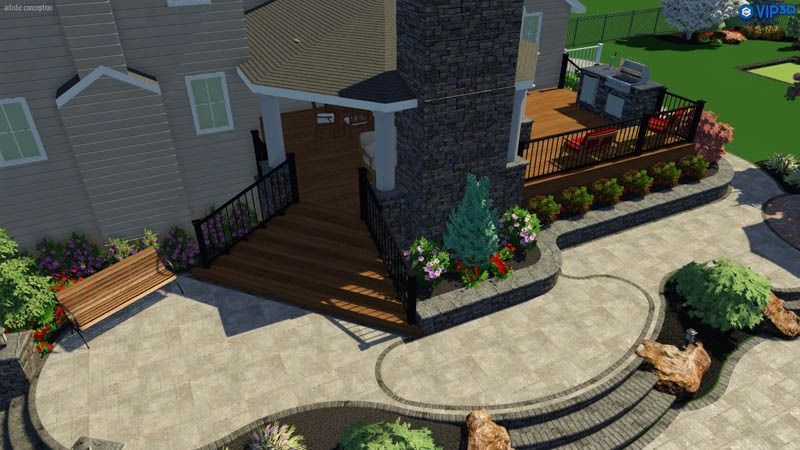 Backyard deck with a stone patio, landscaping, and a house.