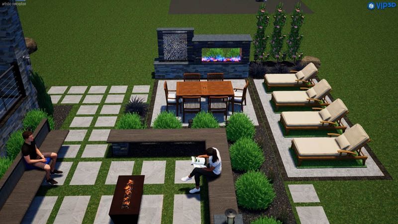 Outdoor patio with seating, dining area, and lounge chairs. Two people relax on benches.