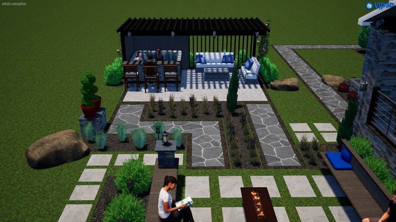 Outdoor patio with seating, dining area, and landscaping. A person is reading.