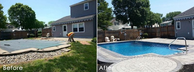 Before-and-after of a backyard pool renovation. Before, pool covered, landscaping needed. After, blue pool, new paving.
