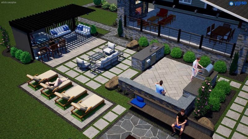 Outdoor patio rendering with seating, lounge chairs, pergola, and people.