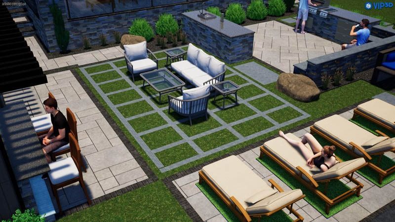 Outdoor patio with seating areas, grill, and people relaxing.