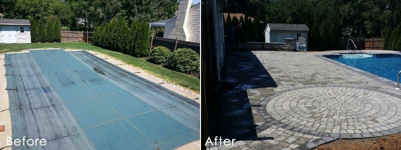 Before and after of a pool area renovation: covered pool and concrete patio, then new paver patio and open pool.