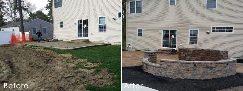 Before-and-after of backyard: dirt and grass transformed into a fire pit area with pavers, a stone wall, and a fire pit.
