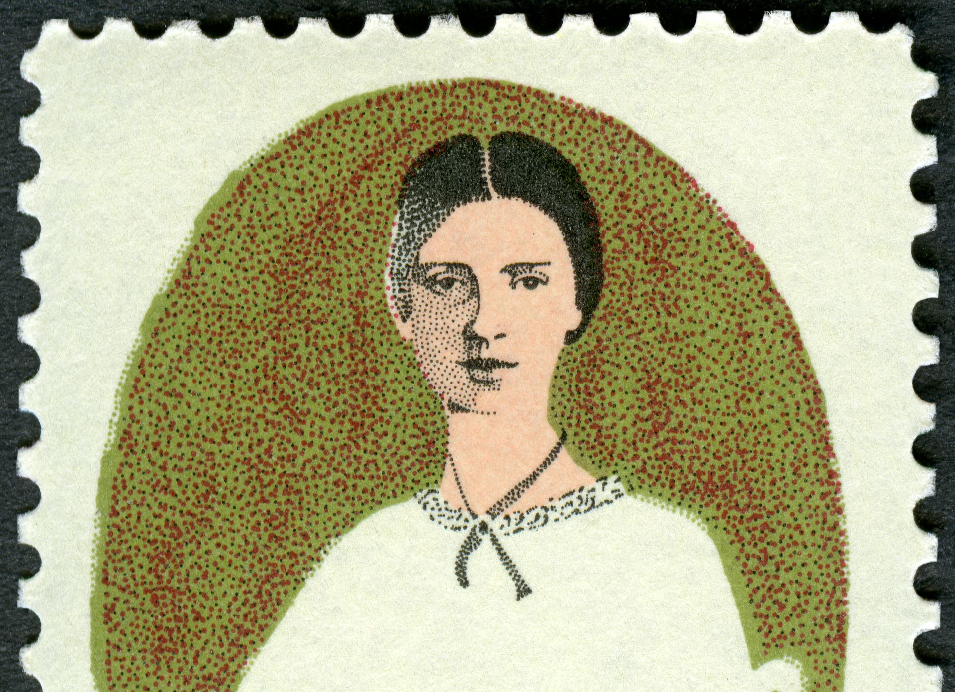 Woman on a postage stamp. Portrait in front of a green and brown textured oval. White blouse. Black hair.