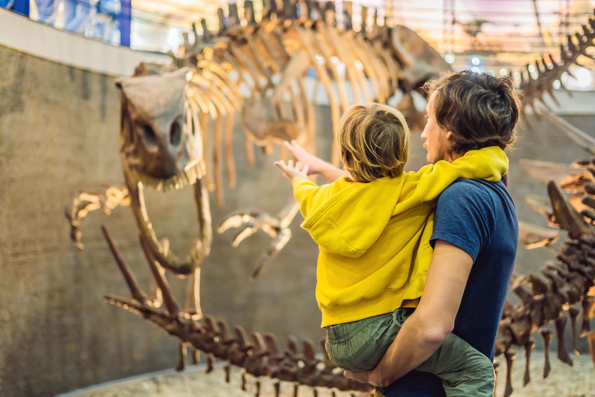 Man holding child points at dinosaur skeleton in a museum.