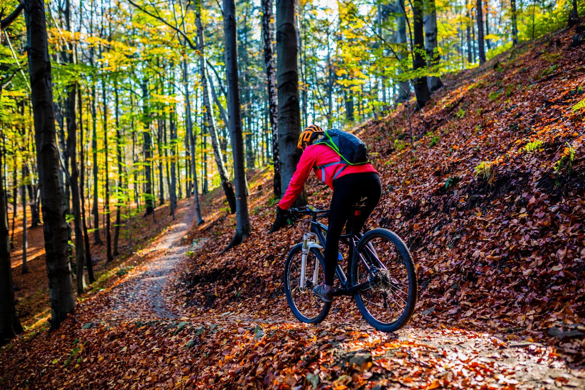 A cyclist in a red jacket and black backpack rides a mountain bike on a path covered in fallen autumn leaves in a forest.