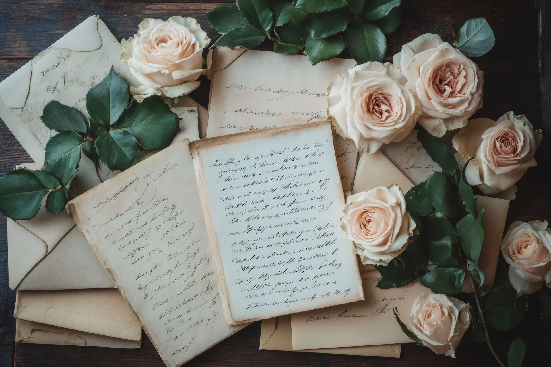 Pale pink roses and handwritten letters on a wooden table.