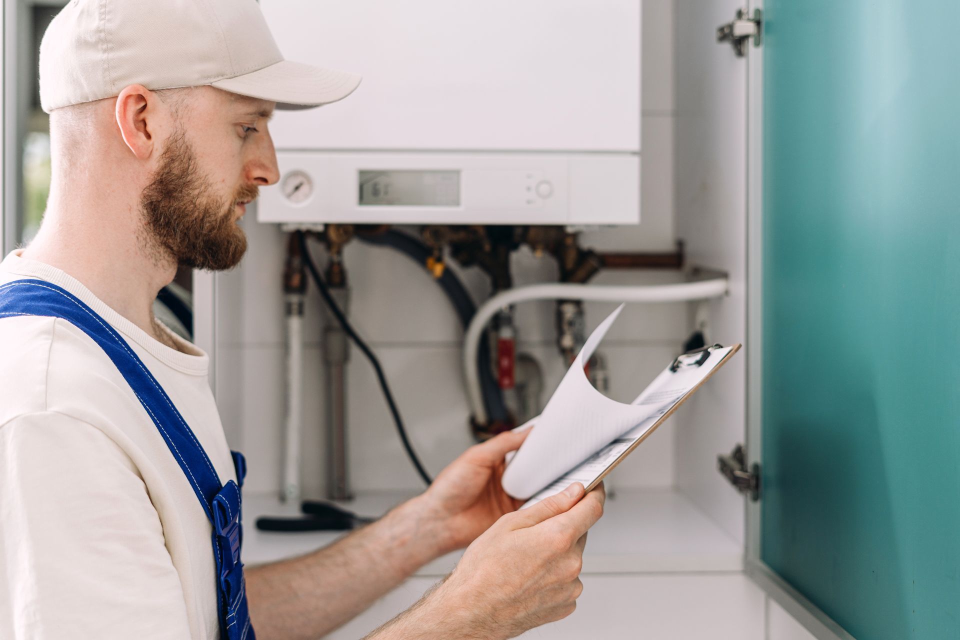Technician reviewing a service checklist while inspecting a wall-mounted boiler system.