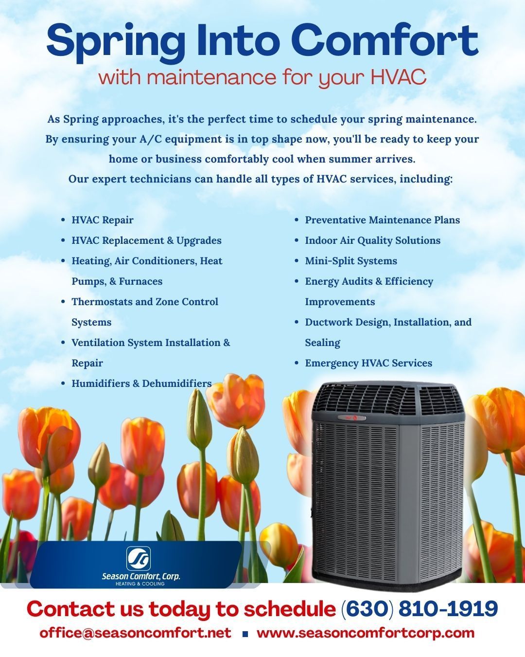 Crane lifting an HVAC unit onto a commercial building rooftop. Two workers in blue shirts observe. Cloudy sky.