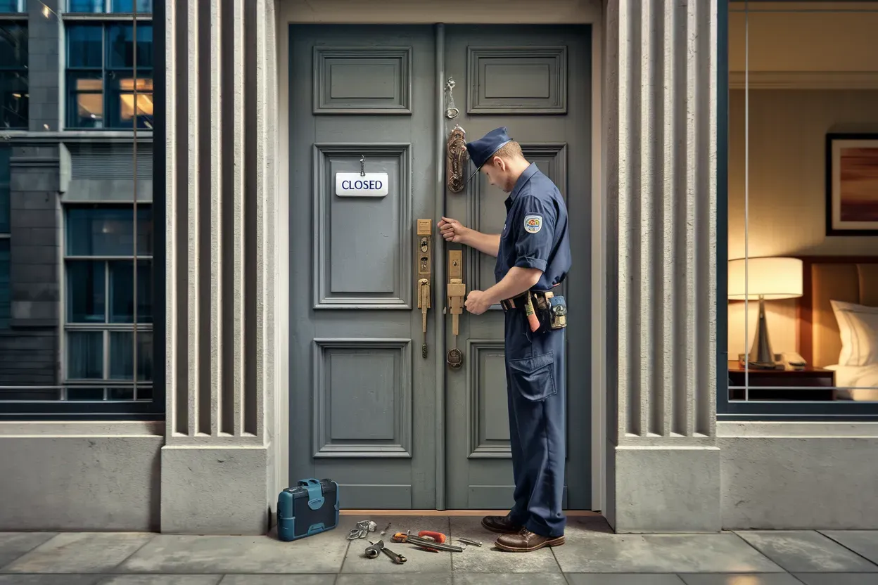 A man is standing in front of a door providing locksmith services