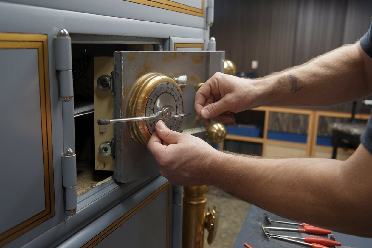 A man is opening a safe with a screwdriver.