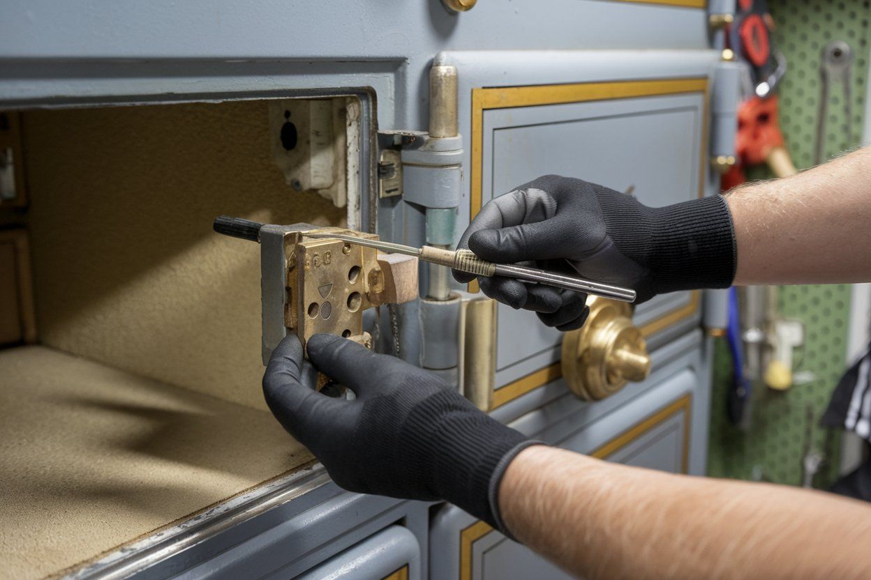 A man wearing black gloves is working on a safe.
