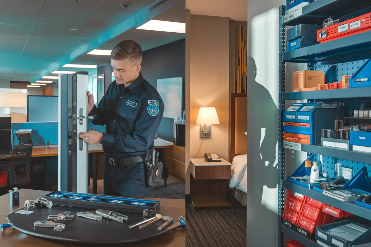 A Locksmith working on a door in a hotel room.