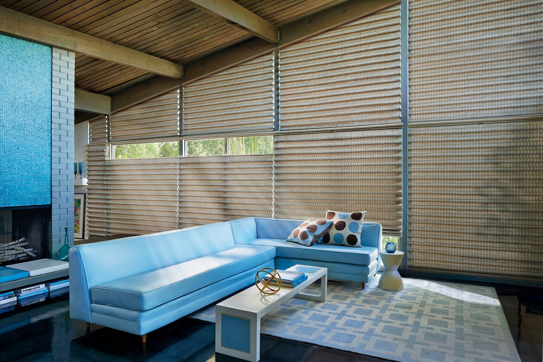 Modern living room in Renton, WA with floor-to-ceiling blinds and shades