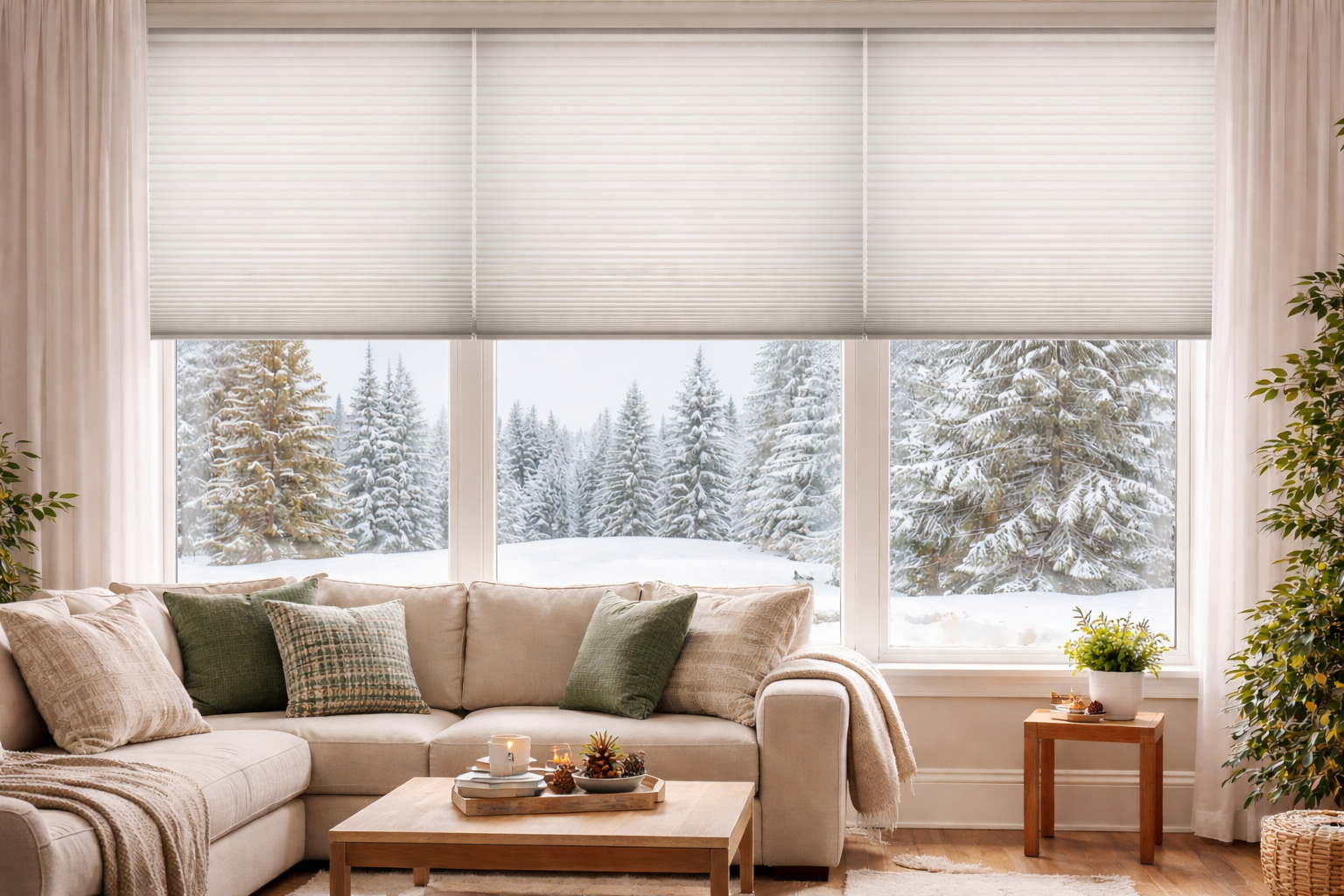 Cordless cellular shades insulating a Pacific Northwest living room during winter for family comfort