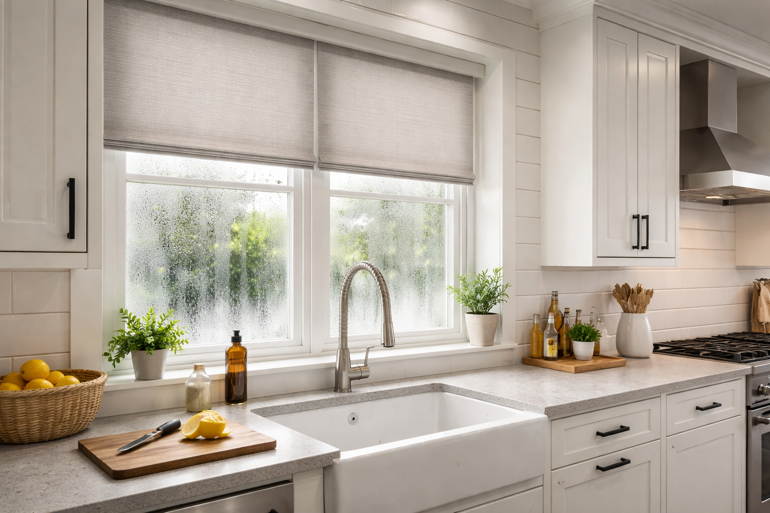 Kitchen window treatments with moisture-resistant shades reducing condensation and cold drafts