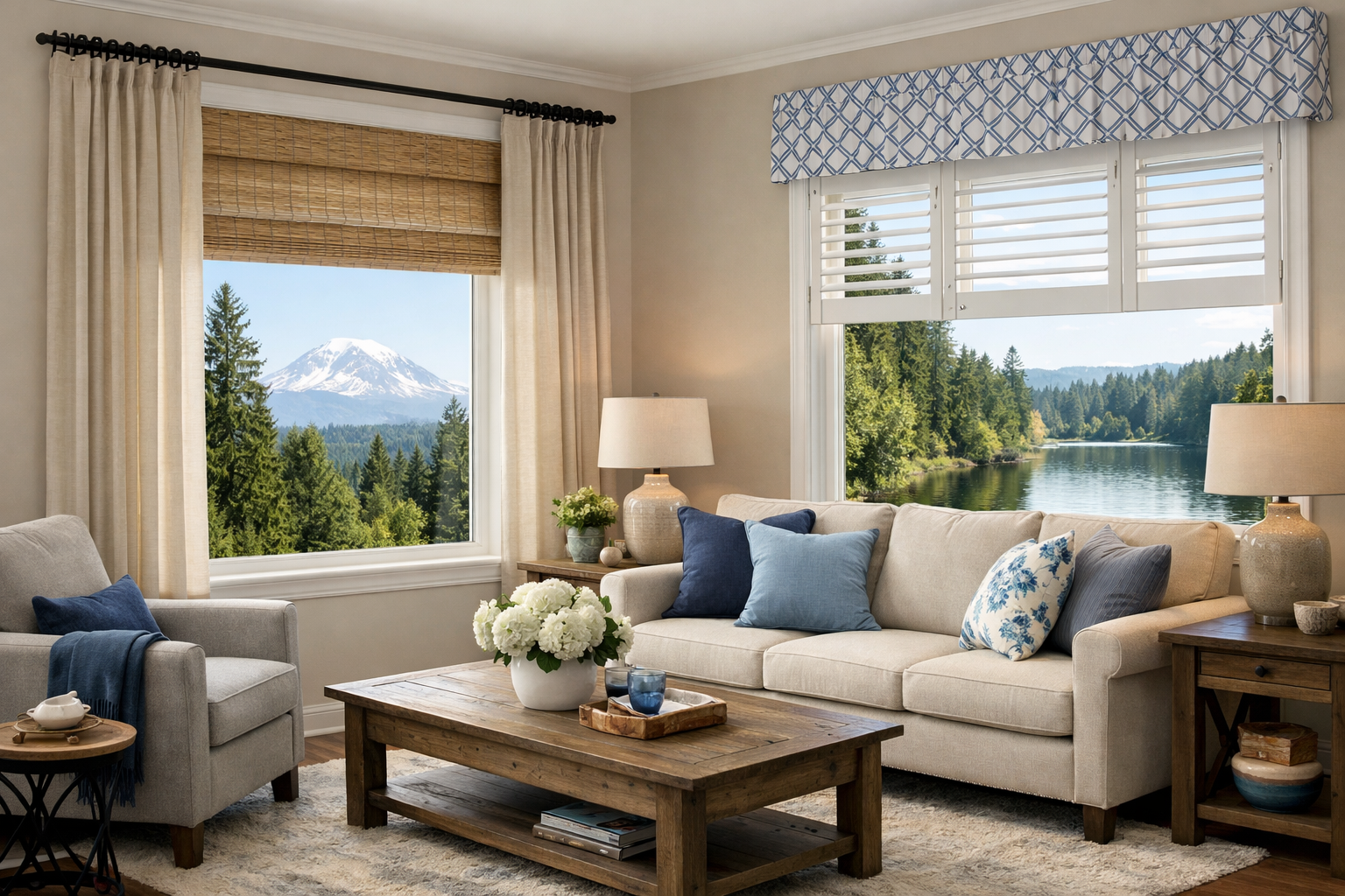 Living room in Kent, WA with modern window treatments and views of Mount Rainier and a forested lake