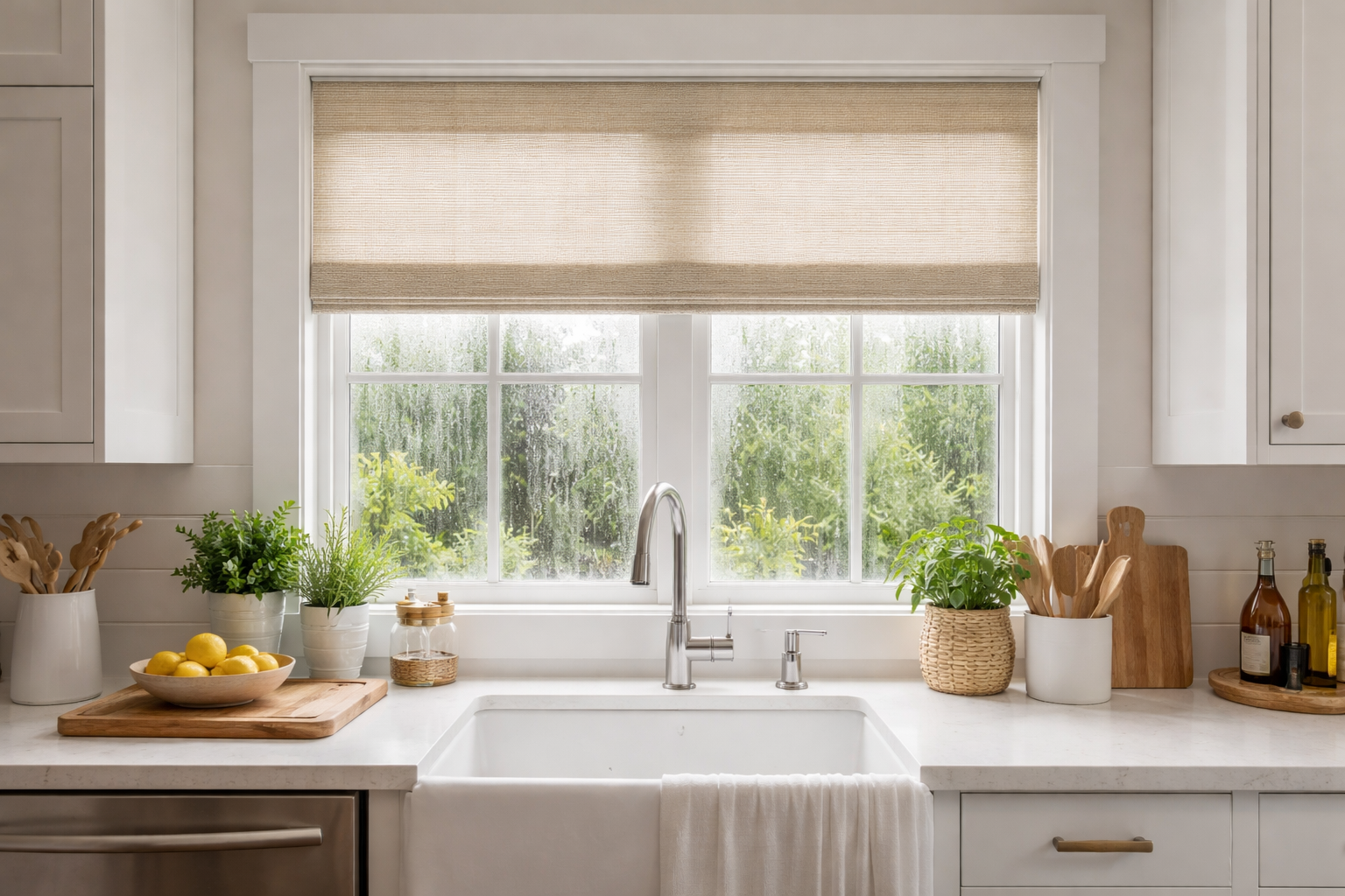 Moisture-resistant kitchen shades installed above a sink to manage humidity and window condensation in cold weather