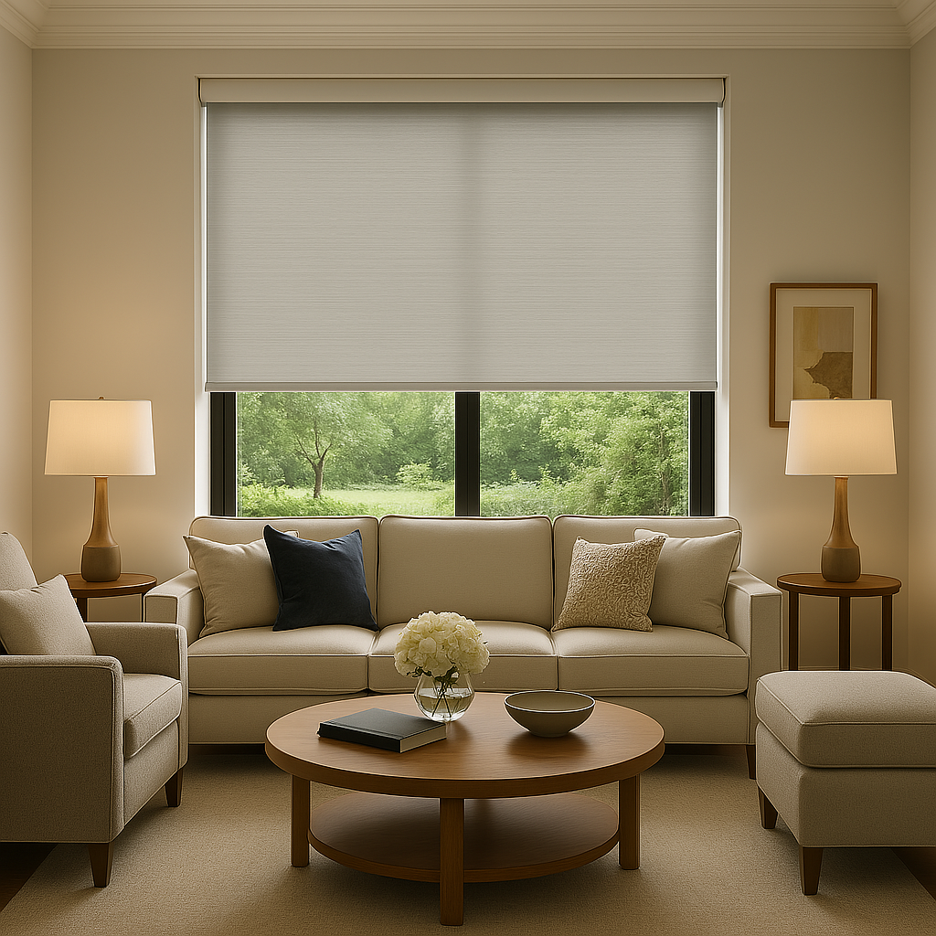 Elegant contemporary living room featuring a large window with a sleek motorized shade