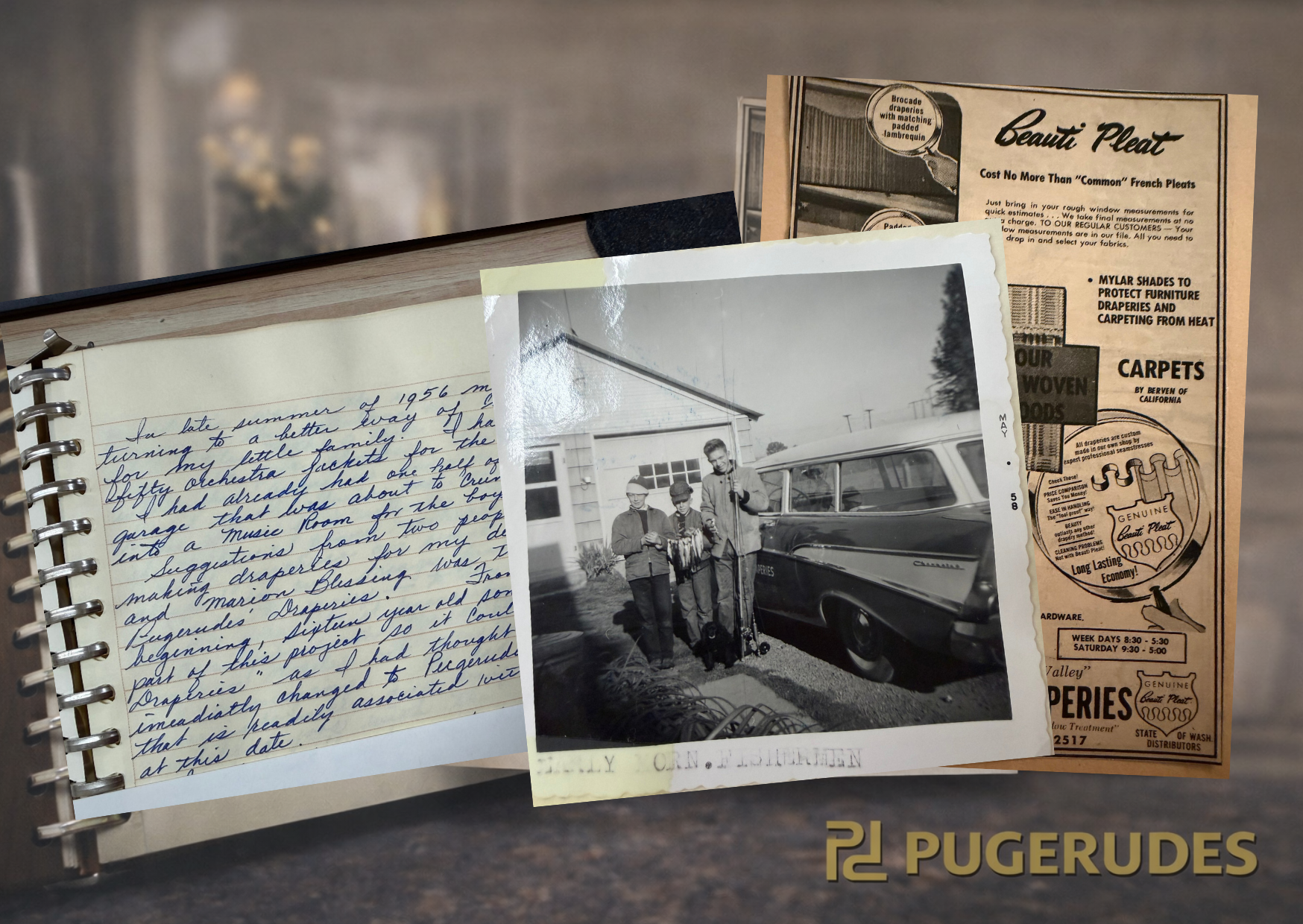 Archival images from Pugerudes’ original garage highlight 70 years of custom drapery craftsmanship 