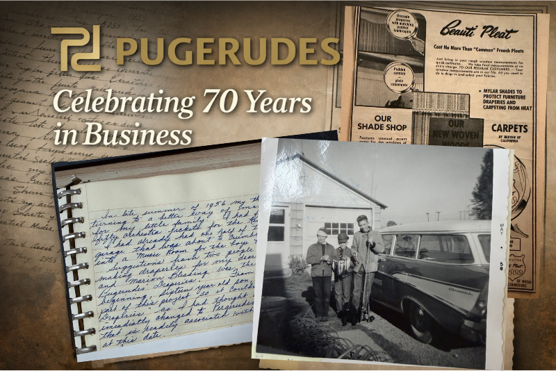 Pugerudes celebrates 70 years in business, featuring the original garage workspace and early custom drapery history.