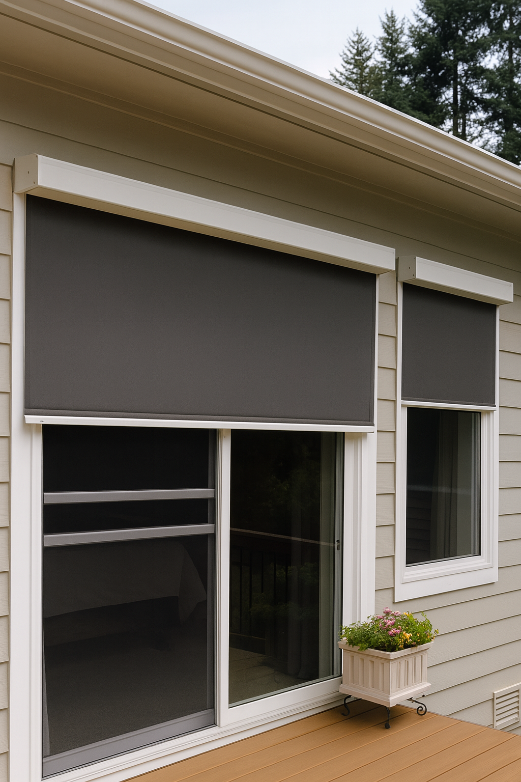 Modern beige home exterior with gray roller shades installed over a sliding glass door and window.