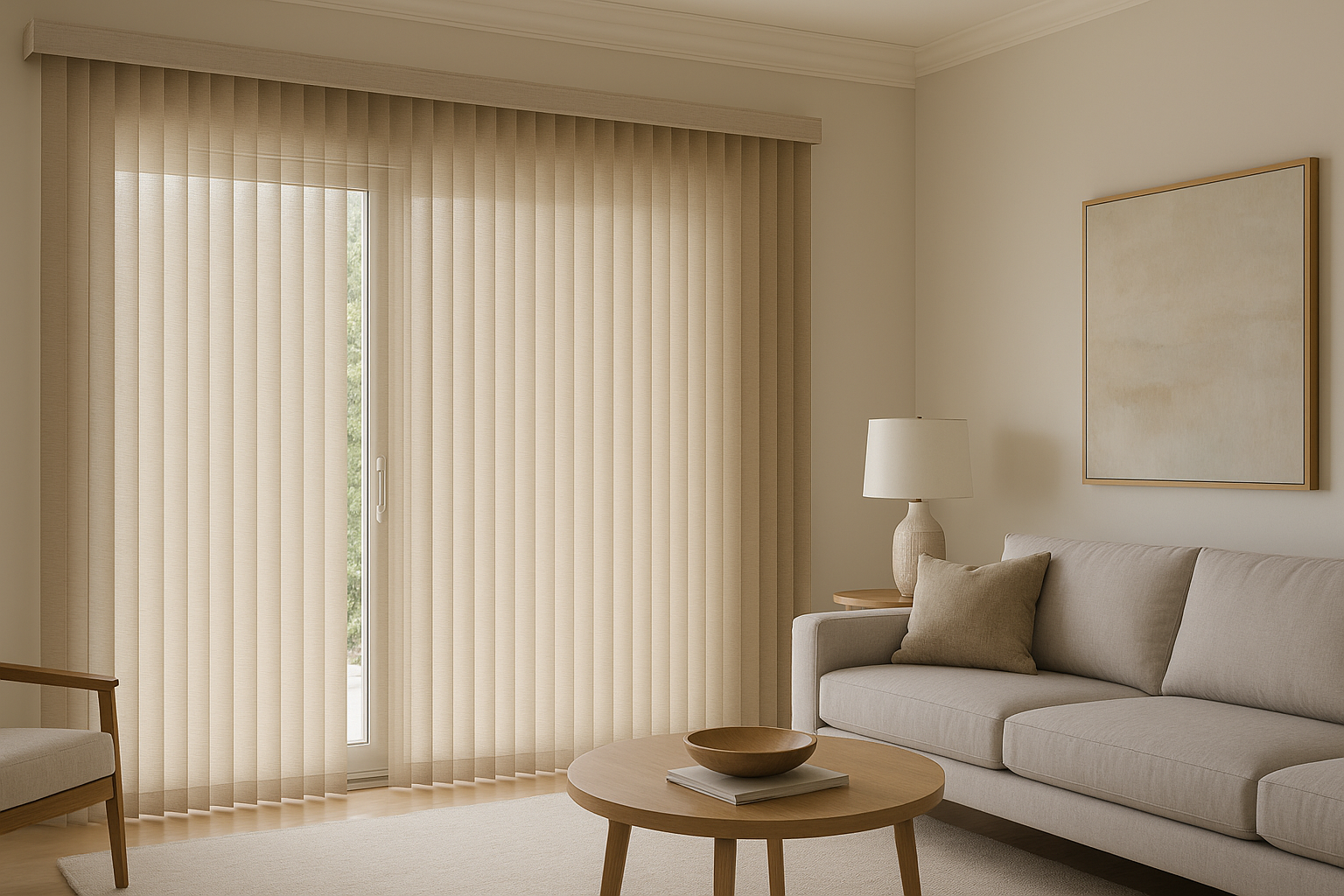 Vertical shades for sliding glass doors in a modern Kent living room filtering natural daylight.