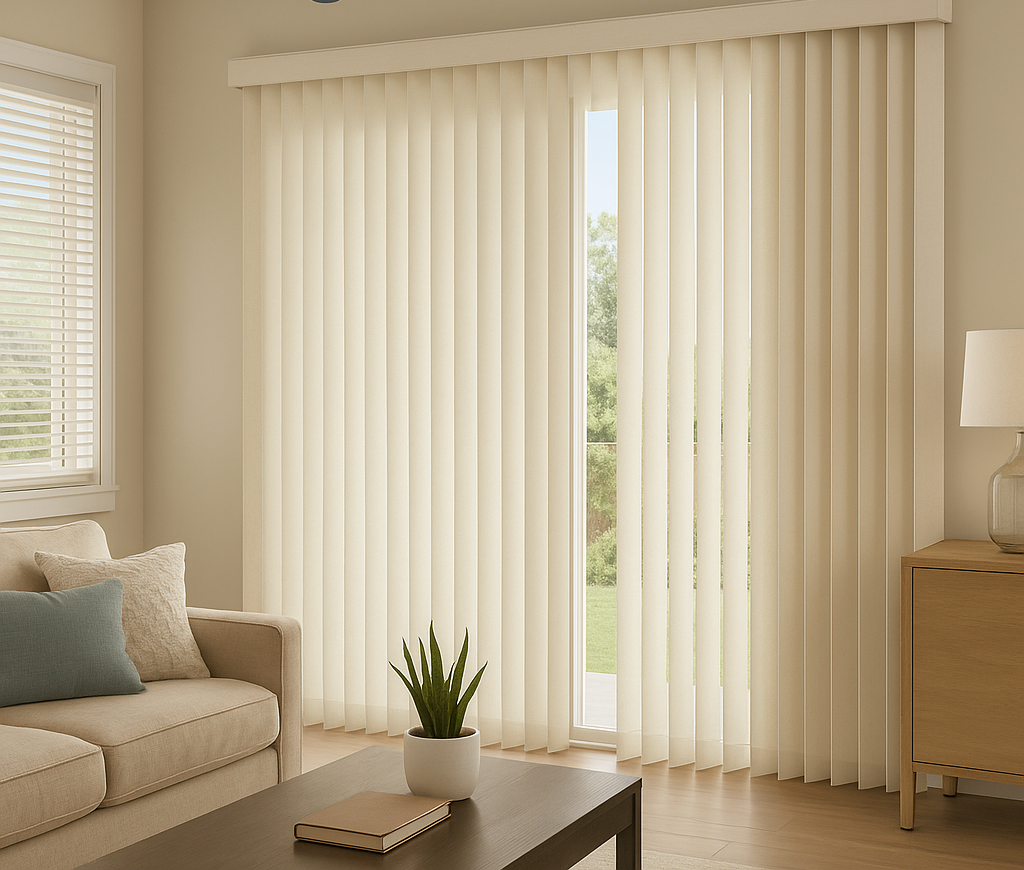 Vertical shades for sliding glass doors in a modern Kent living room filtering natural daylight.