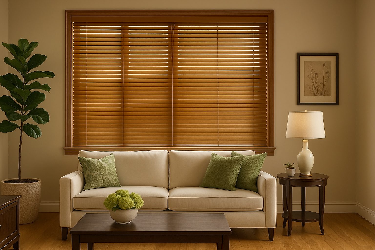 Elegant living room with wood window blinds, cream sofa, and natural decor enhancing light control.