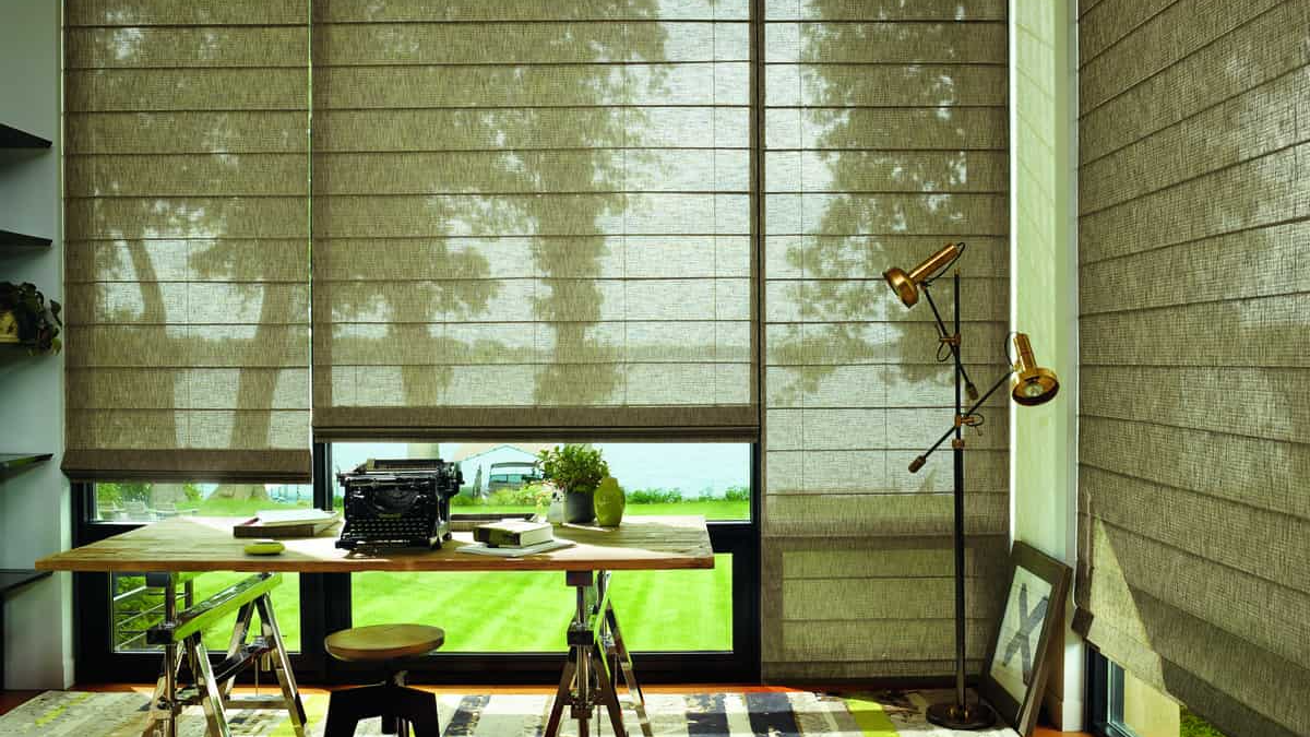 Motorized window shades in a home office