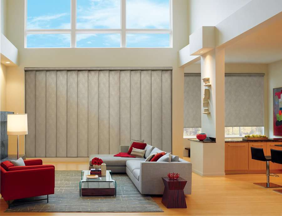 Living room in Auburn, WA with HD designer roller shades