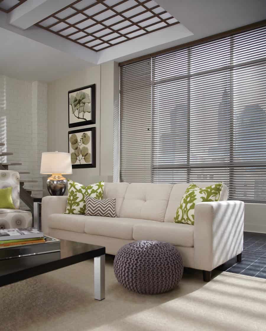 Living room in Bellevue, WA with Hunter Douglas Modern Precious Metal blinds